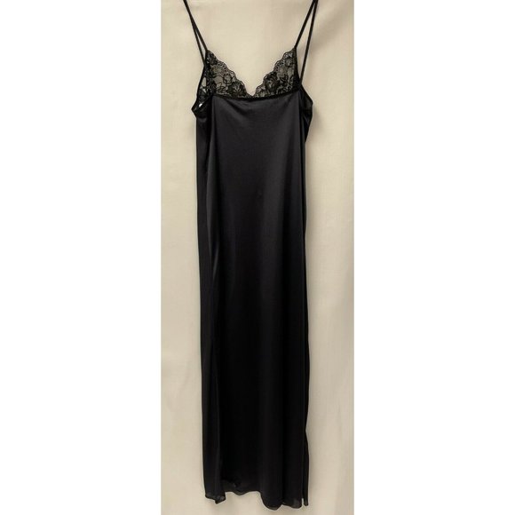 Vintage ILGWU Black Slip Lace Shiny Long Spaghetti Straps Nightie Medium - Picture 5 of 10